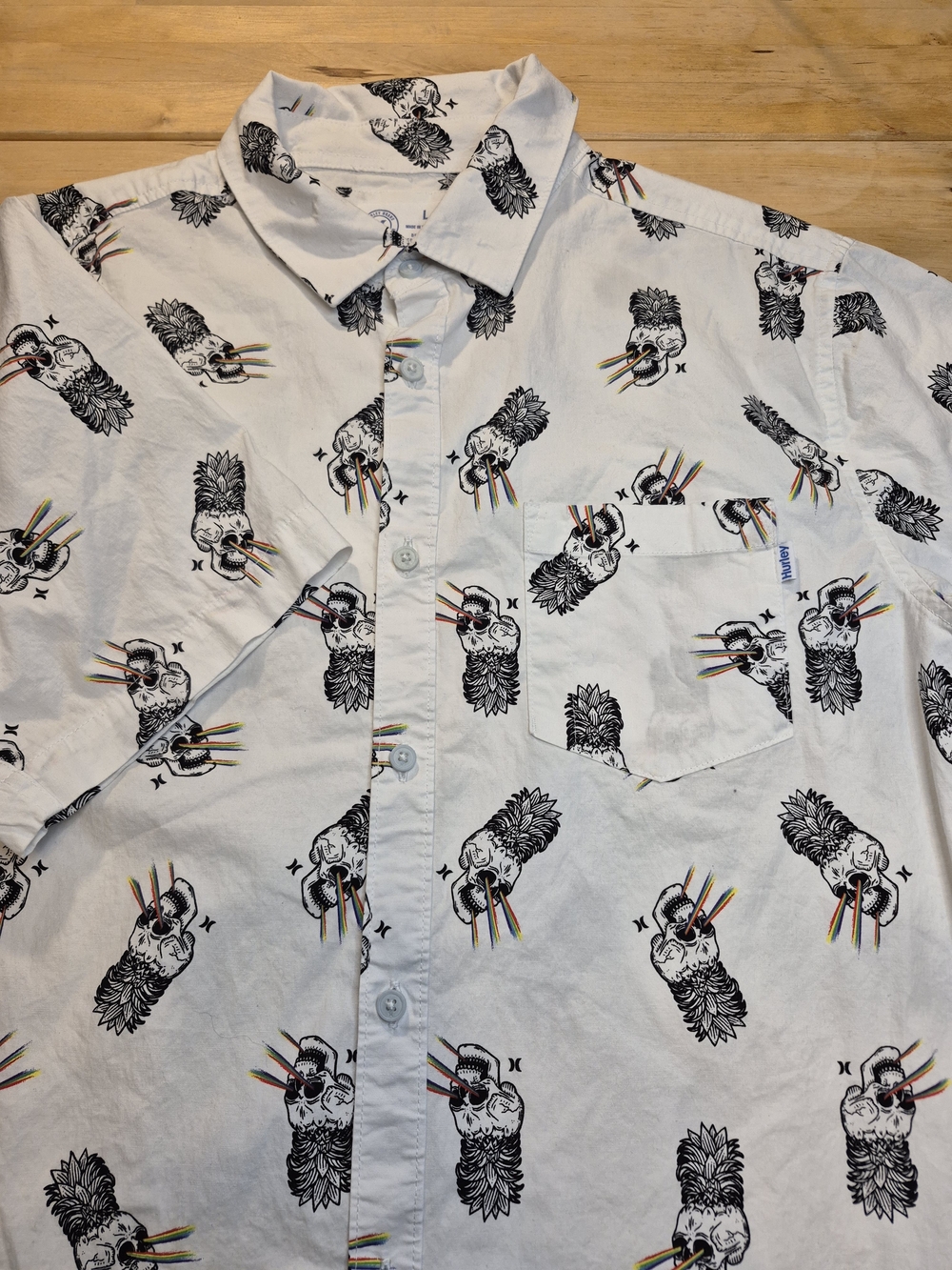 Hurley White Button-Down Shirt with Black Skull & Rainbow Accent Print
